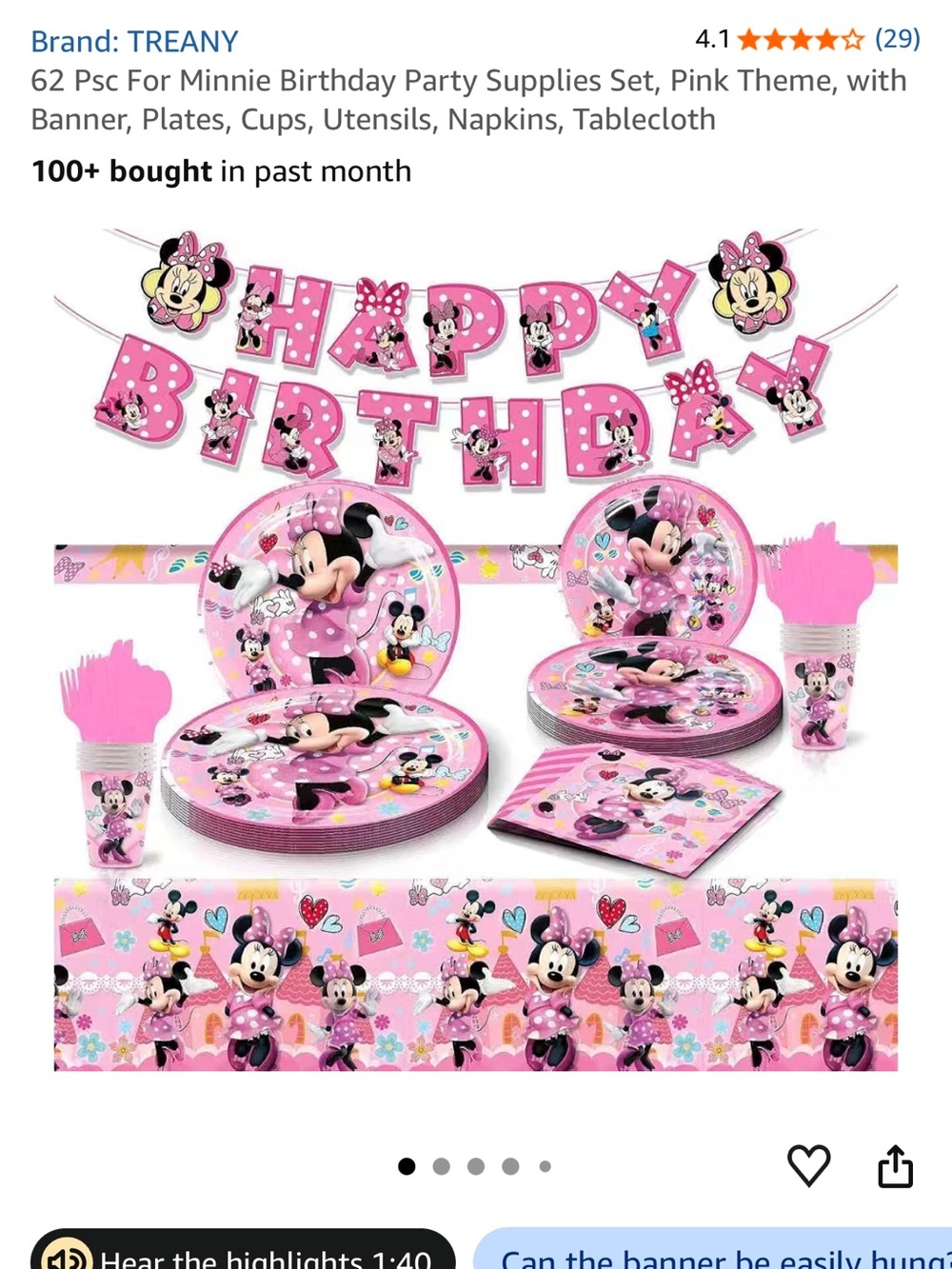 Minnie Mouse Pink Birthday Party Supplies Set - 62-Piece